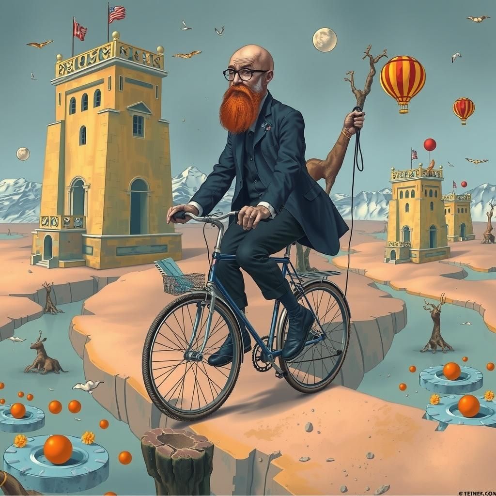 Surreal Cyclist on Floating Island, Classic Painting Style