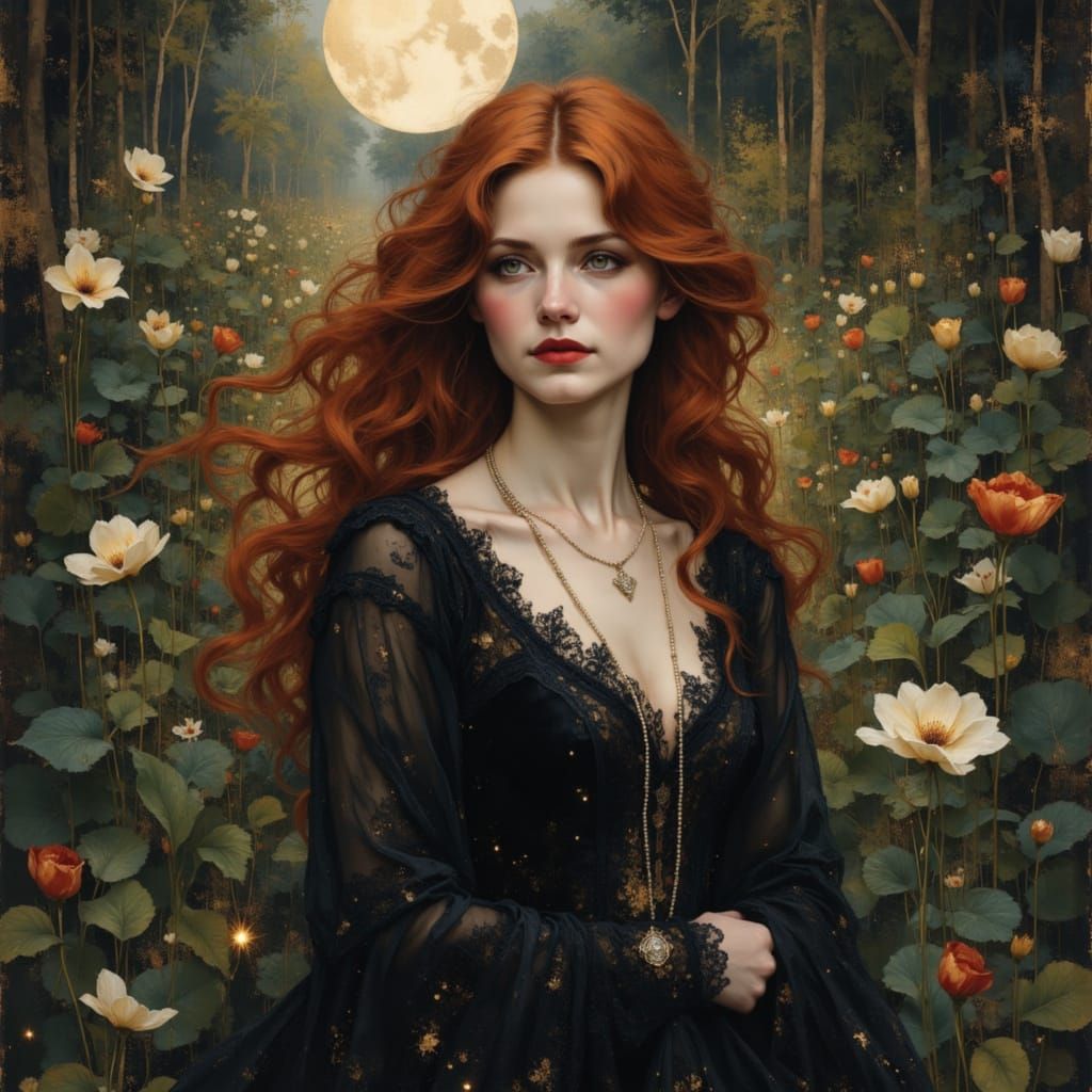 Victorian Woman in Moonlit Garden, Art Nouveau Style