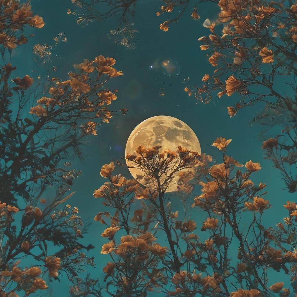 Dramatic Moon Over Cyan Flowers in Double Exposure