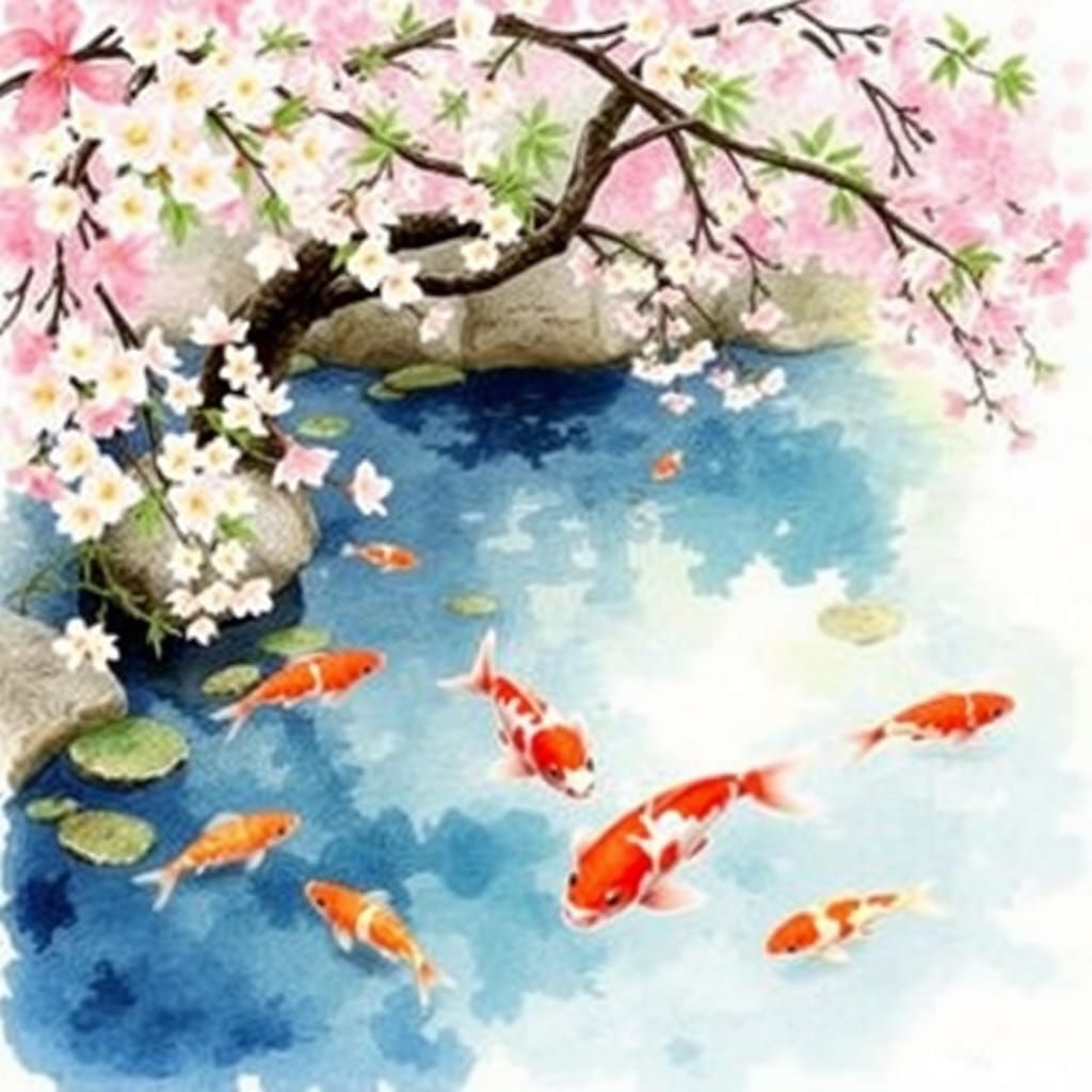 Serene Watercolor Koi Pond with Cherry Blossoms