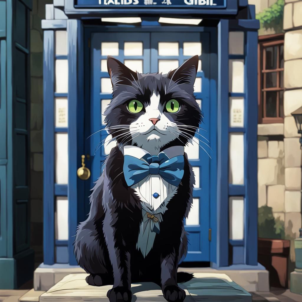 Cat Doctor Outside TARDIS: Ghibli Anime Style