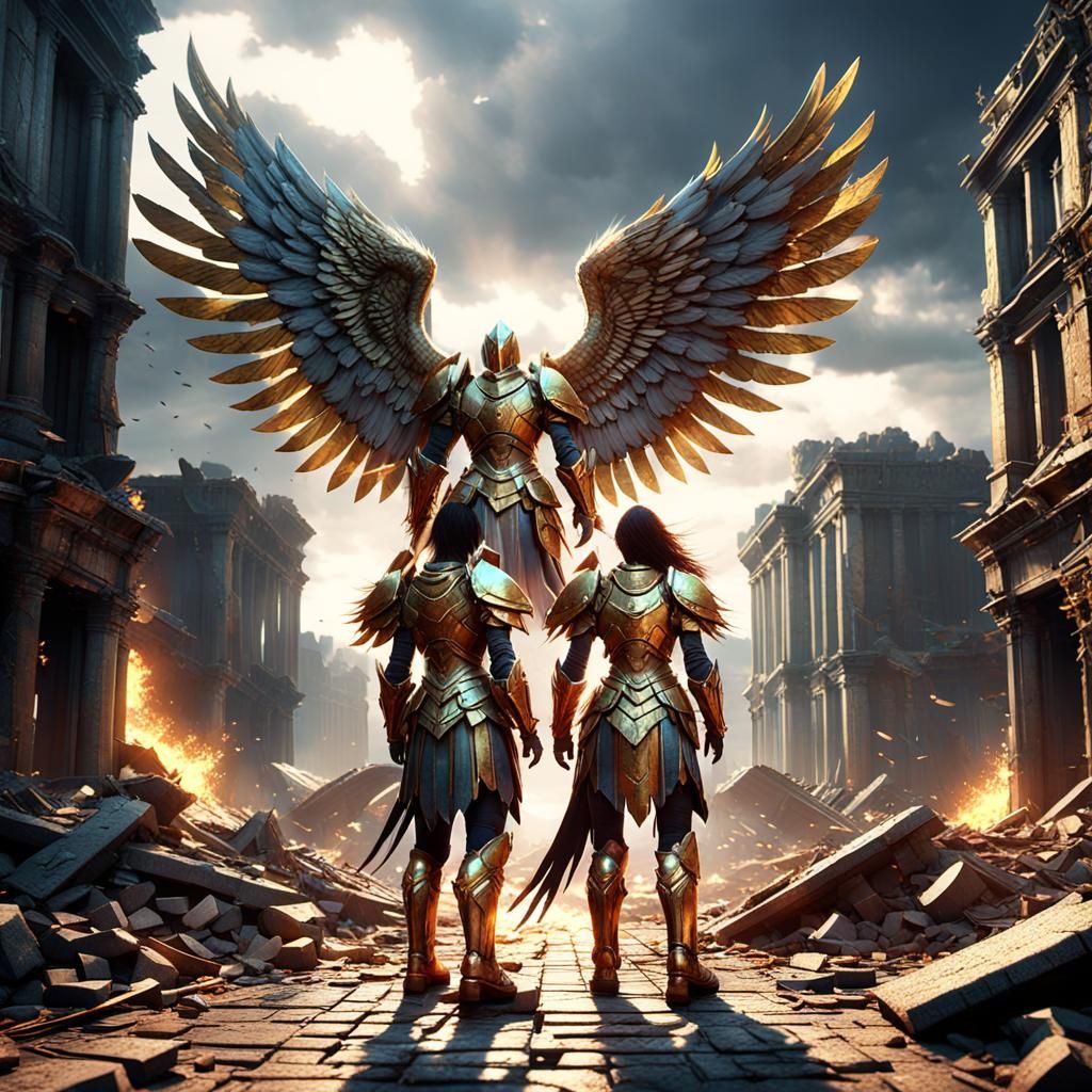 Warrior Angels in Ruined City: 3D Game Cinematic