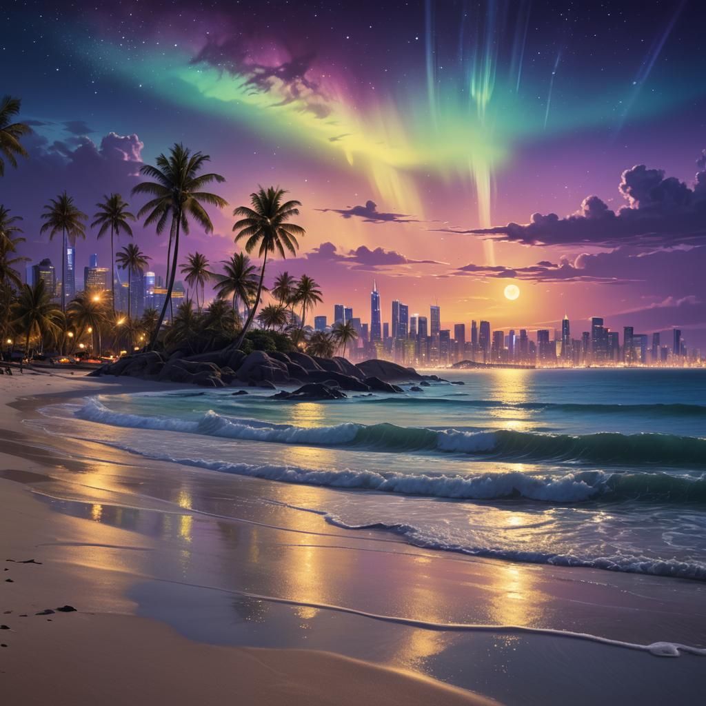 Moonlit Beach and Cityscape Panoramic Fantasy Art