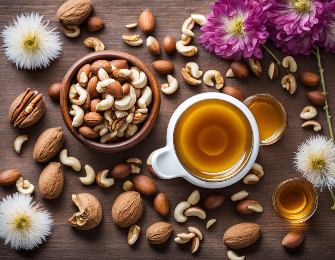 Mixed Nuts and Honey on Floral Table