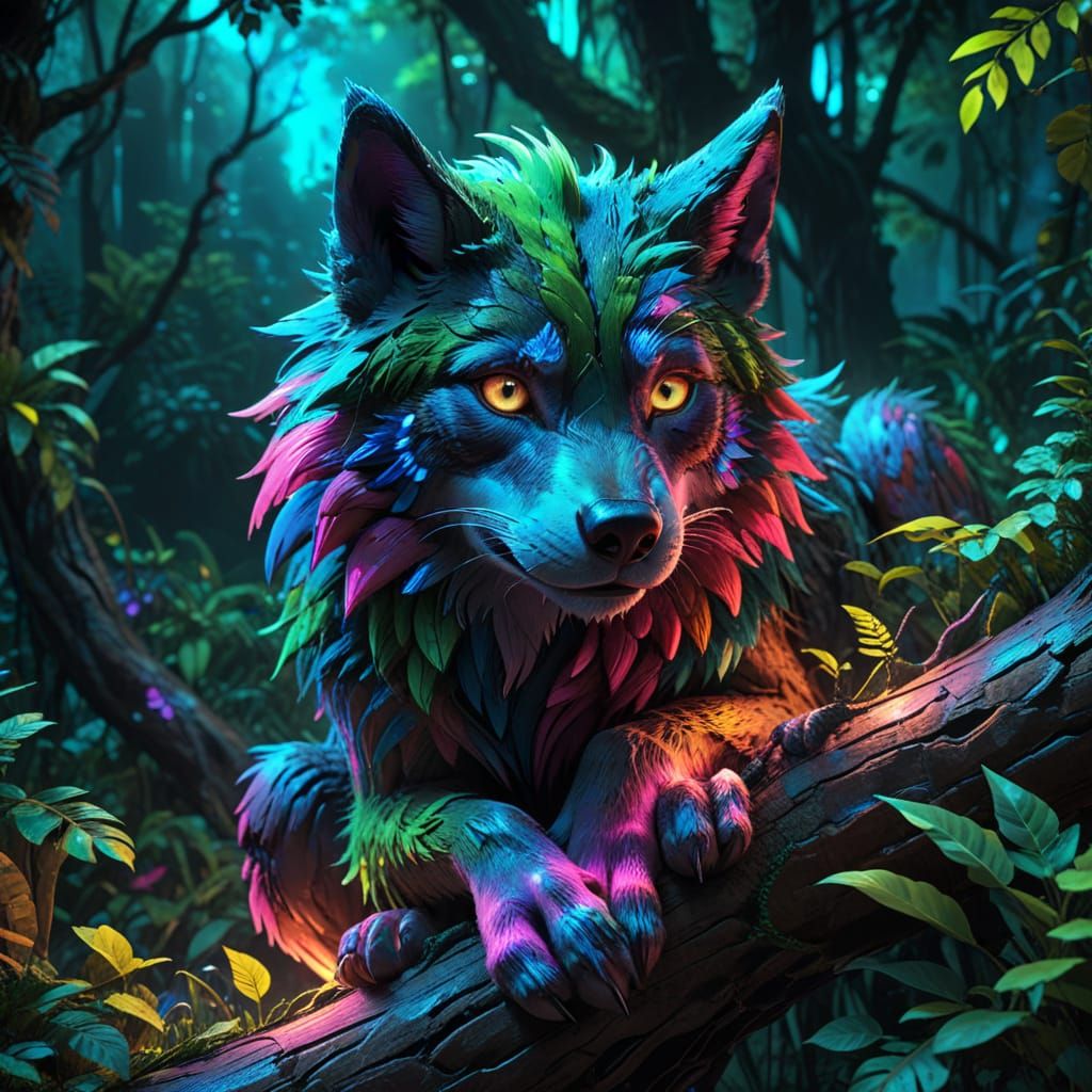 Vibrant Rainbow Wolf in Neon Jungle, Pixar Style