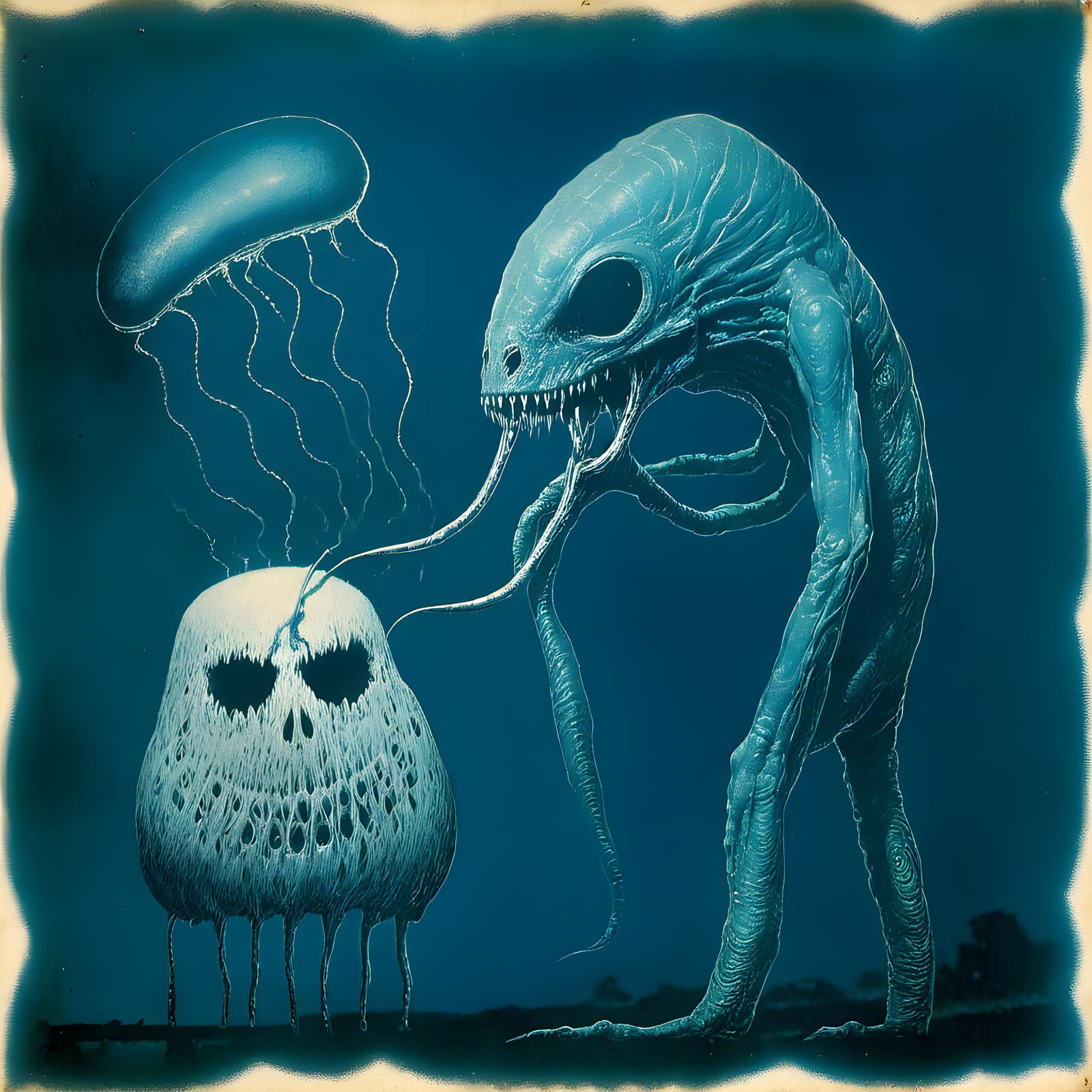 Alien Monster Devours Creepy Human in Vintage Cyanotype