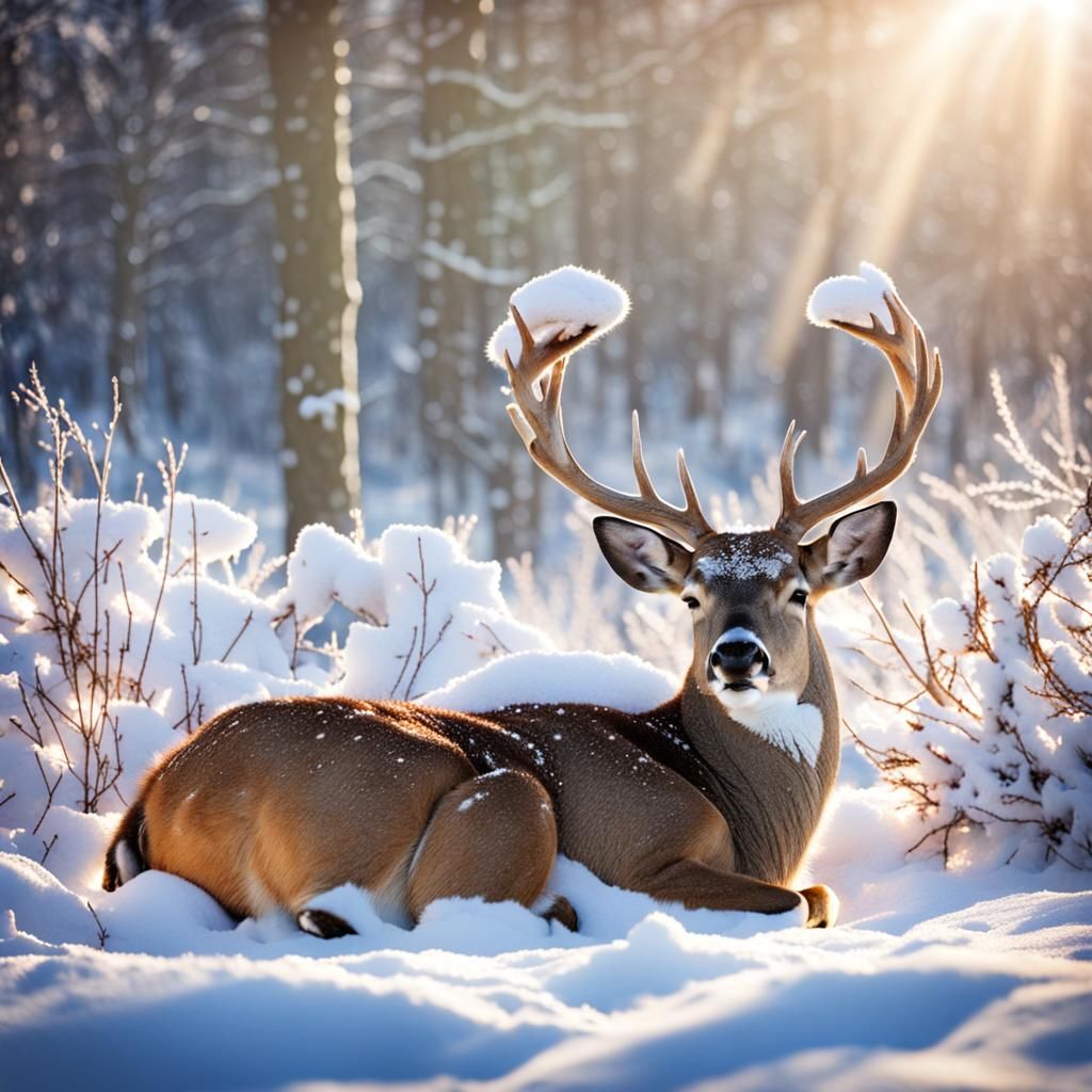 Deer Sleeping in Snow Under Divine Light