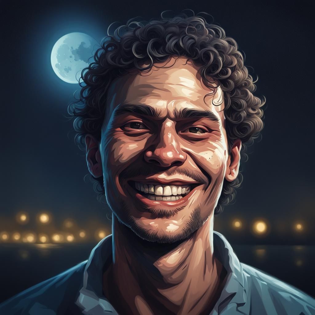 Hyperrealistic Portrait: Smiling Serial Killer in Moonlight