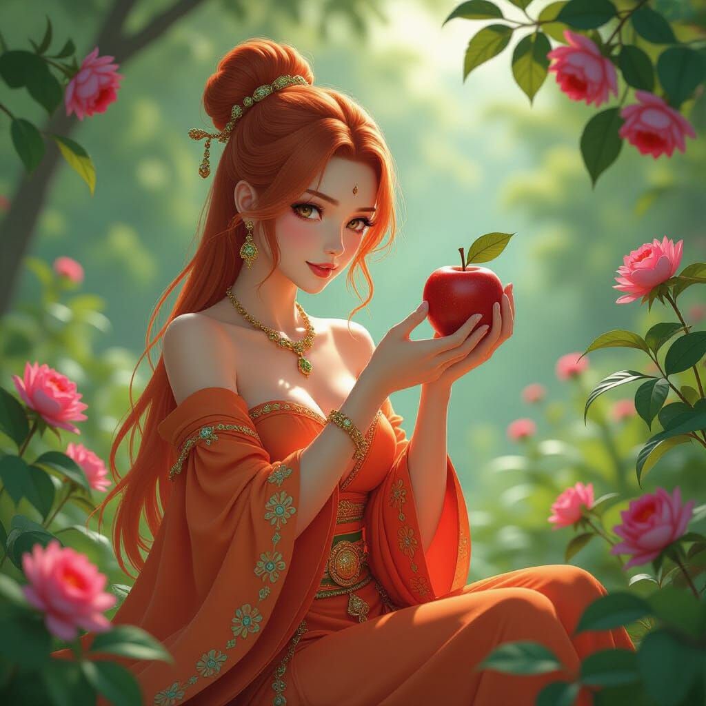 Orange Alien Woman in Paradise Plucking Apple