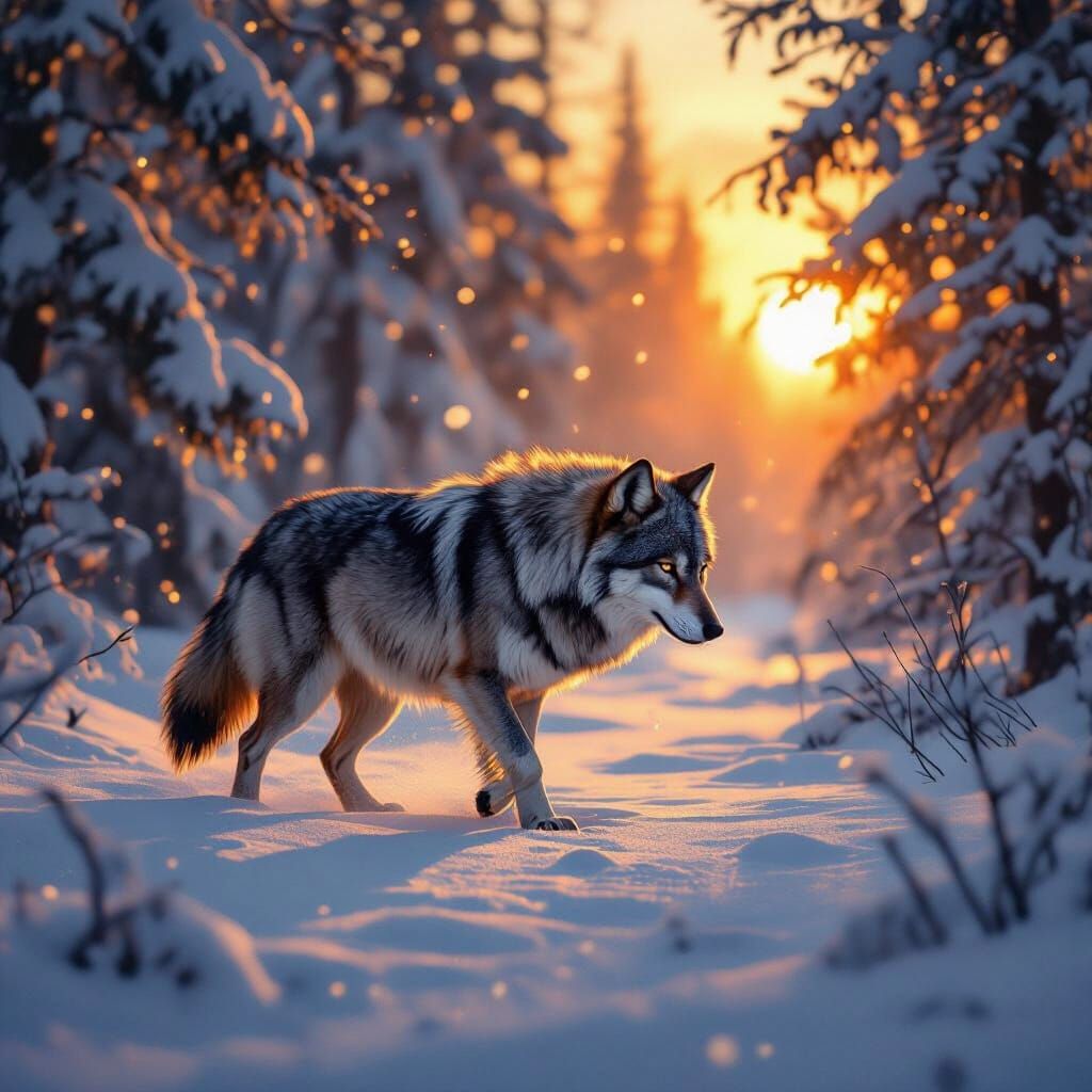 Majestic Wolf Hunts in Snowy Forest at Sunset