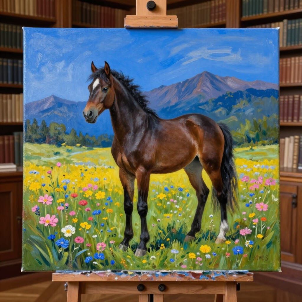 Photorealistic Painting of a Black Stallion in a Wildflower ...