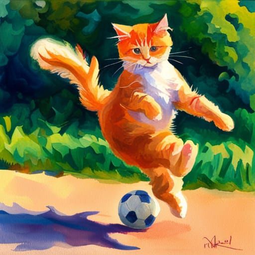 Cat Playing Soccer in Gouache Style