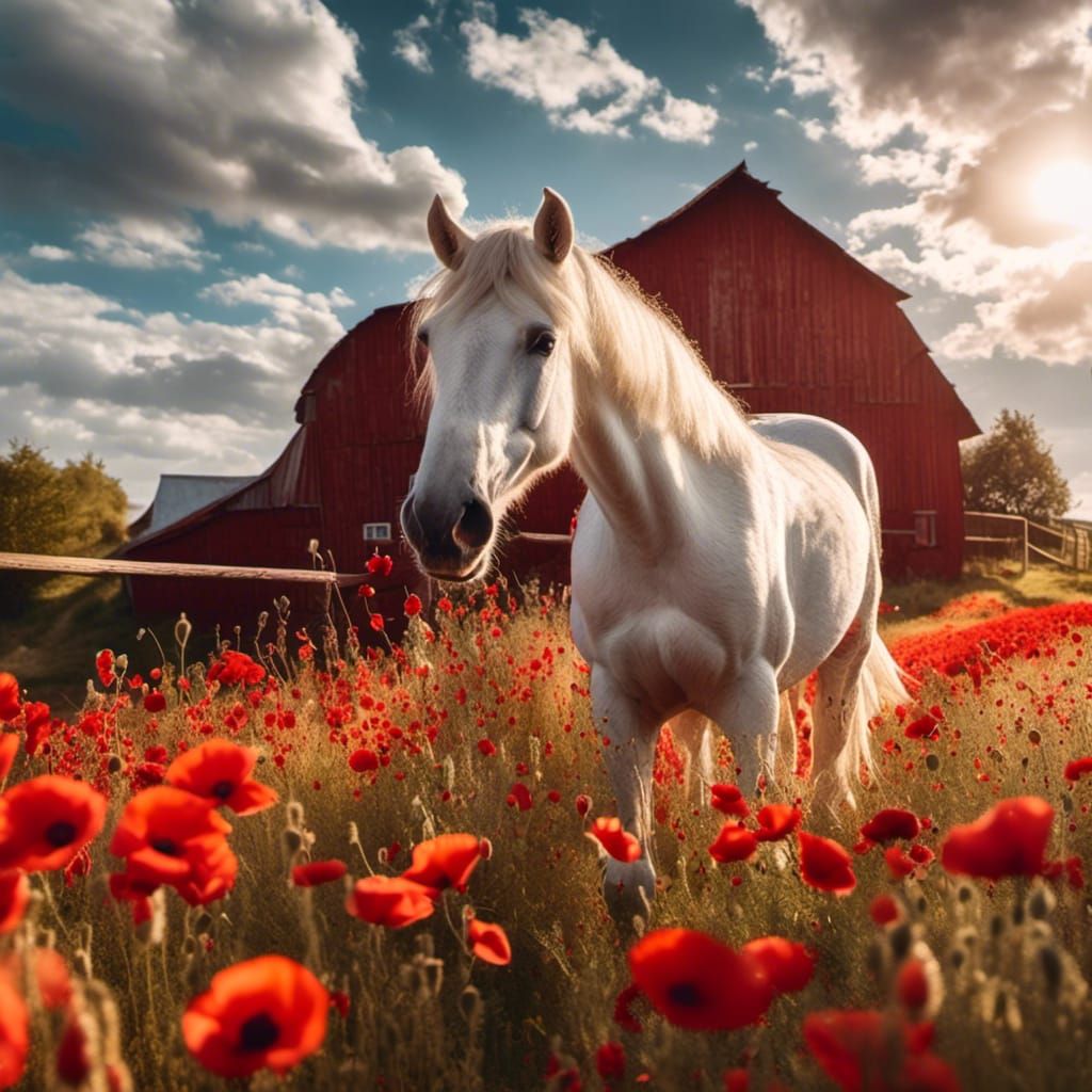 White Horse in Poppy Field, Hyperreal Style