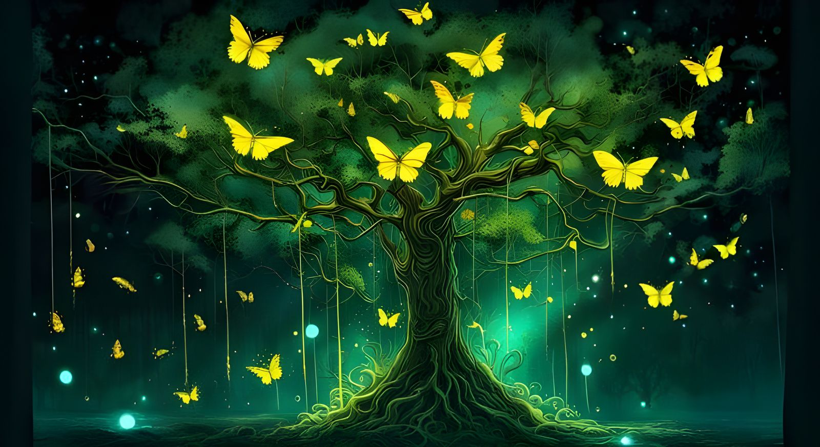 Bioluminescent Butterfly Tree Digital Painting