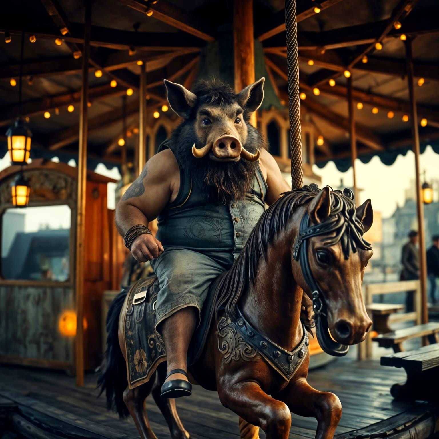 Pig-Headed Wrestler on Carousel in Eerie Fairground