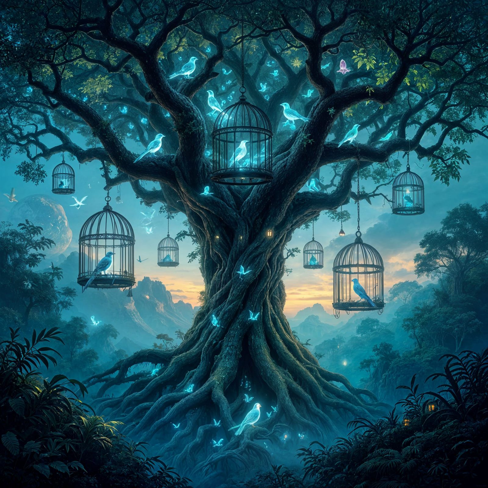 Ancient Tree with Starlight Birdcages in Alien Jungle