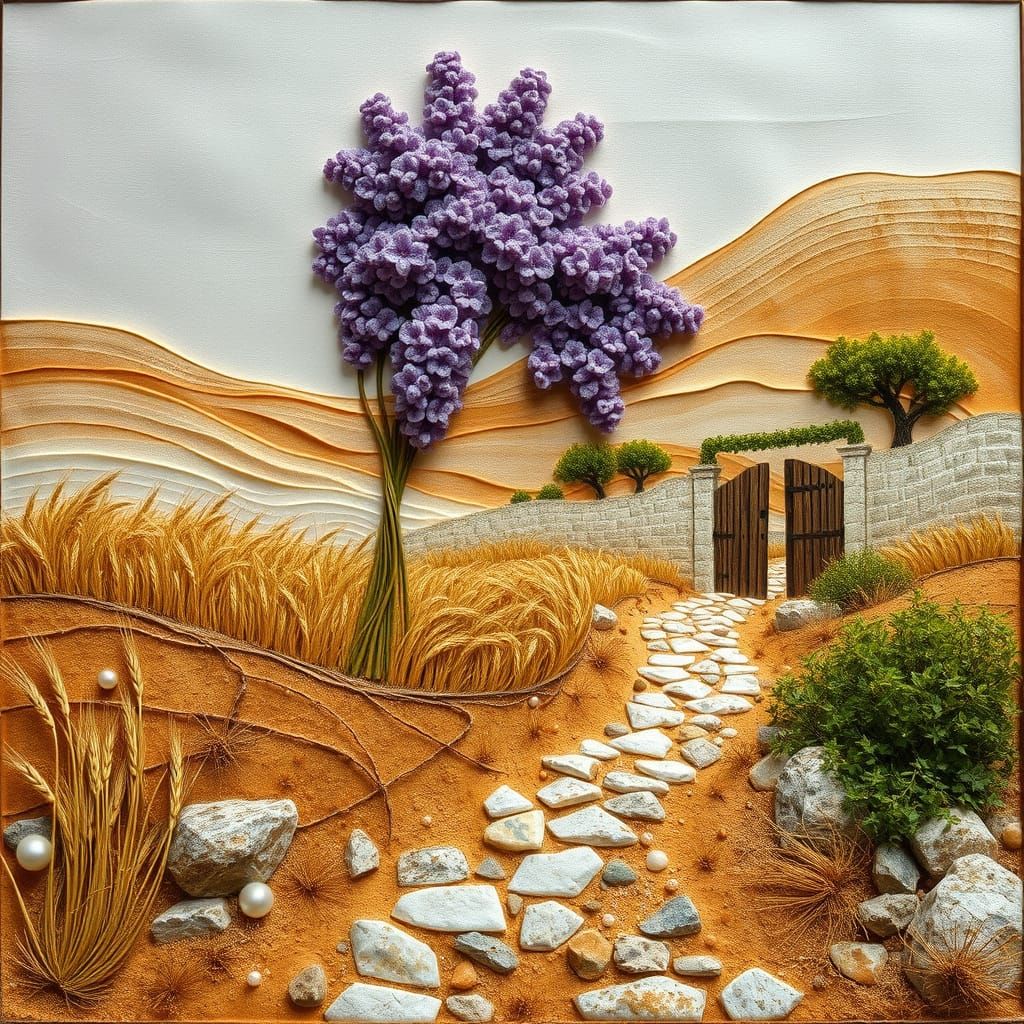 Encaustic Bas-Relief Spring Landscape with Lilac Bush and Wi...
