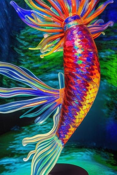 Iridescent Glass Salmon Leaping Up Waterfall: Digital Art