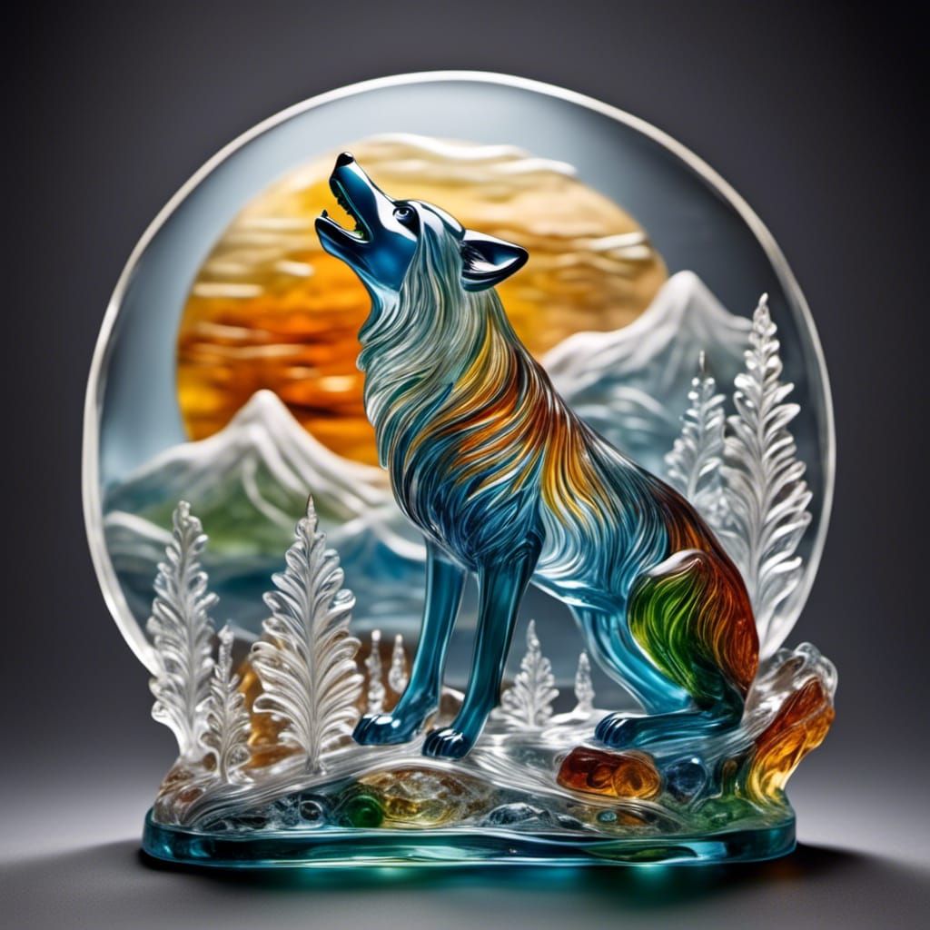 Colorful Glass Wolf Howling at the Moon