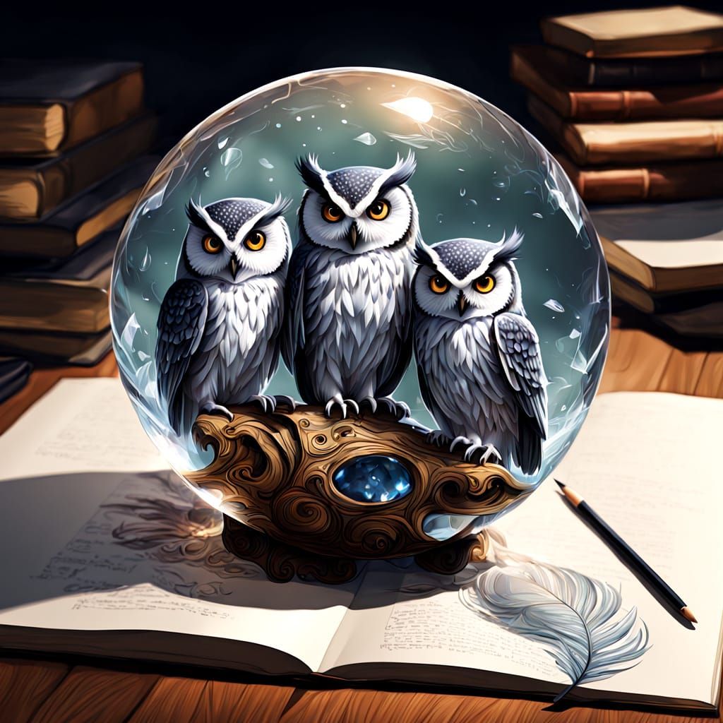Two Owls Inside Crystal Ball, Fantasy Digital Painting