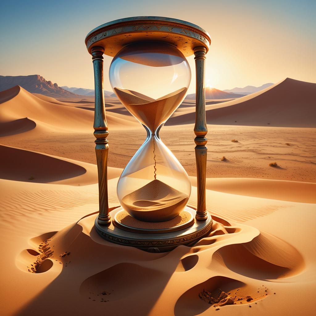 Hourglass in Windswept Desert: Golden Oil Painting