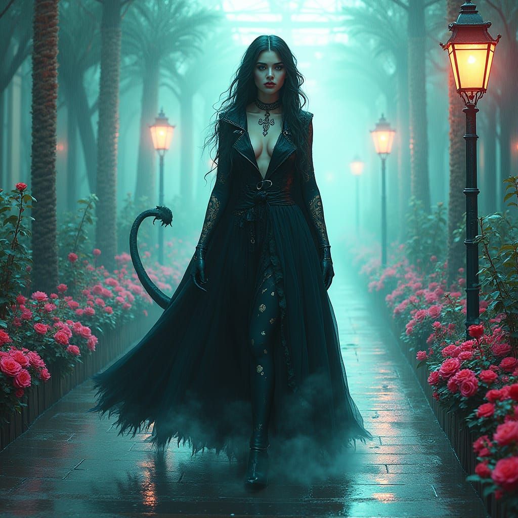 Cyberpunk Dracula Girl in Rainy Rose Garden