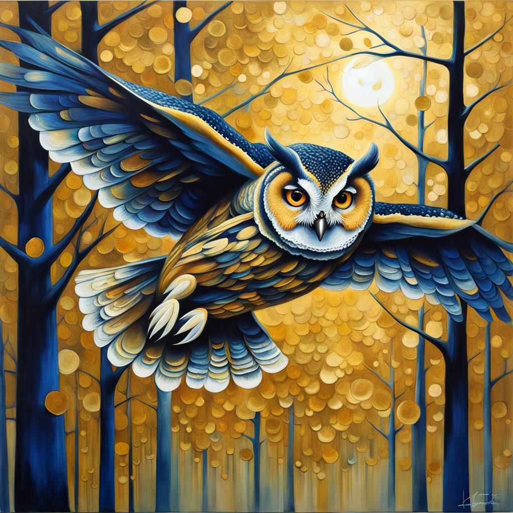 Cyberpunk Owl in Flight with Gold and Blue