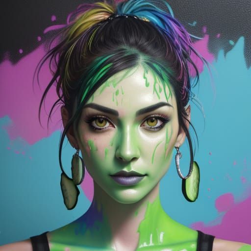 Vibrant Graffiti Portrait of Jodi with Cucumber Body Art