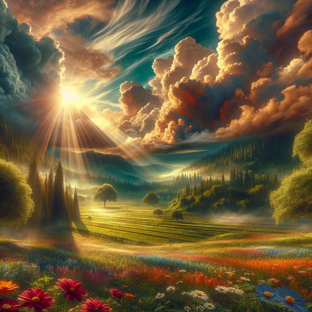 Lush Flower Field with Volumetric Lighting