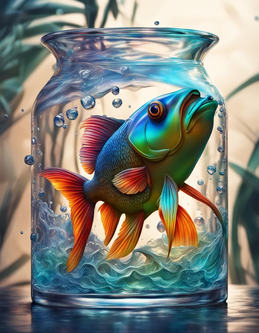 Tropical Fish in Glass Amphora: Hyperrealistic Splash Art