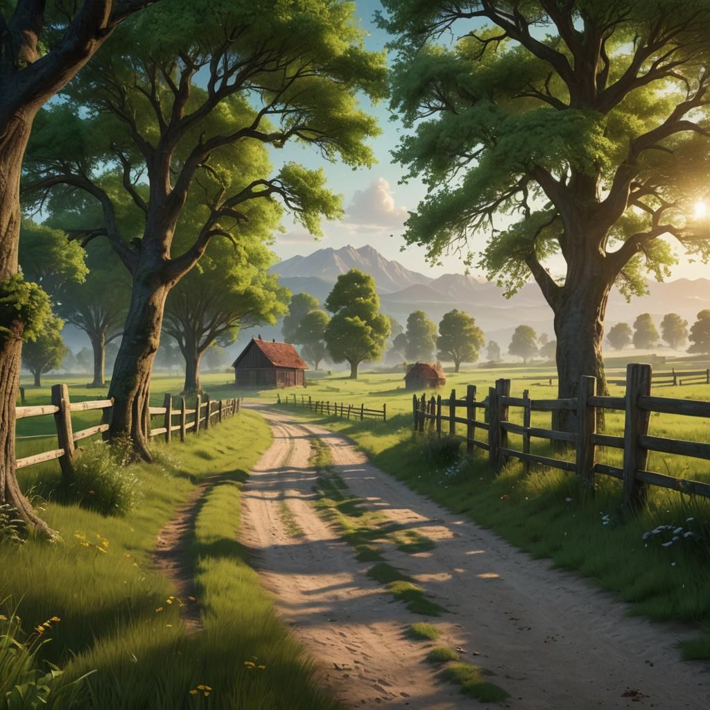 Green Pasture at Sunrise: Detailed Matte Painting