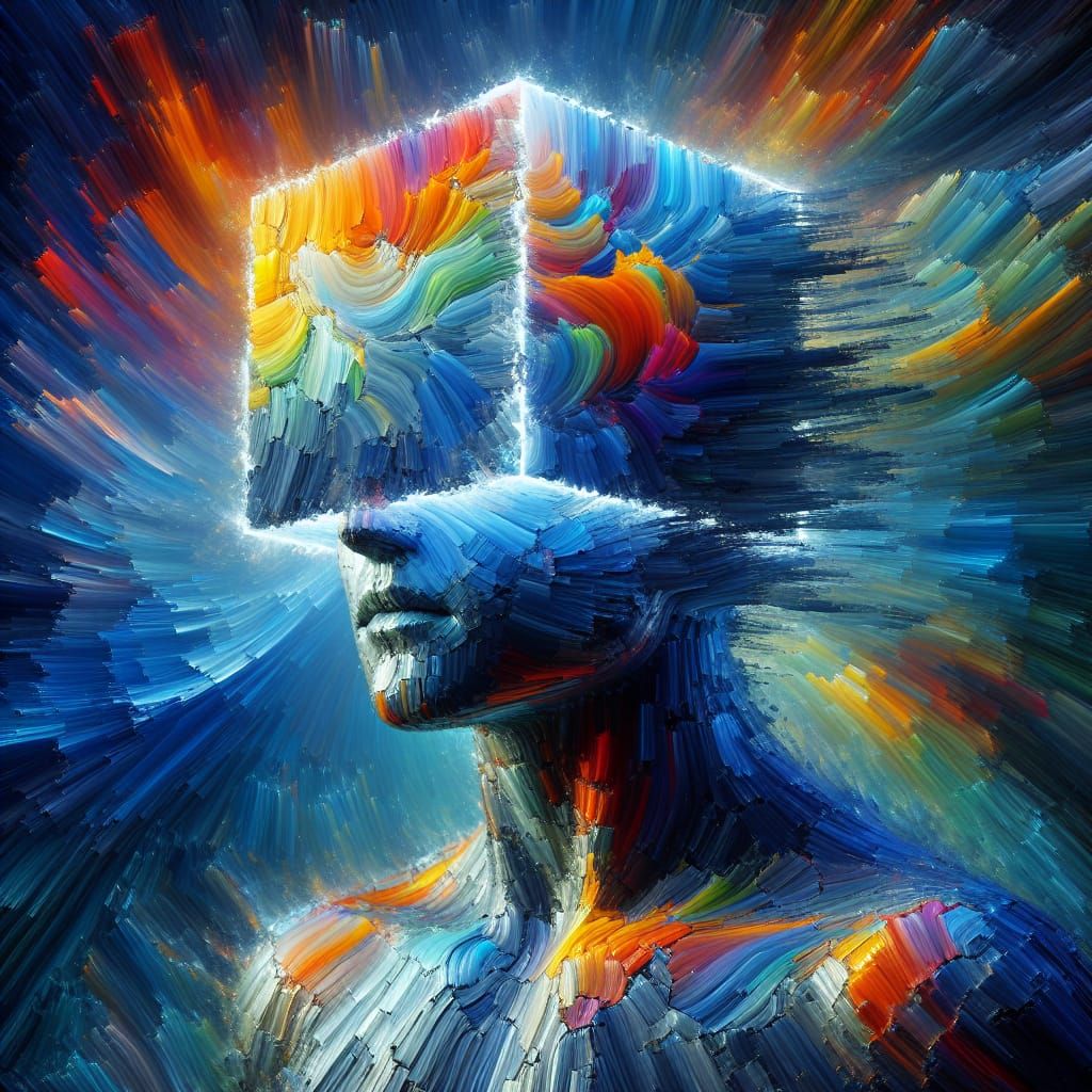 Impressionistic Skypunk Figure with Holographic Cube in Thic...