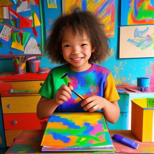 Child Artist in Naive Art Style Playroom