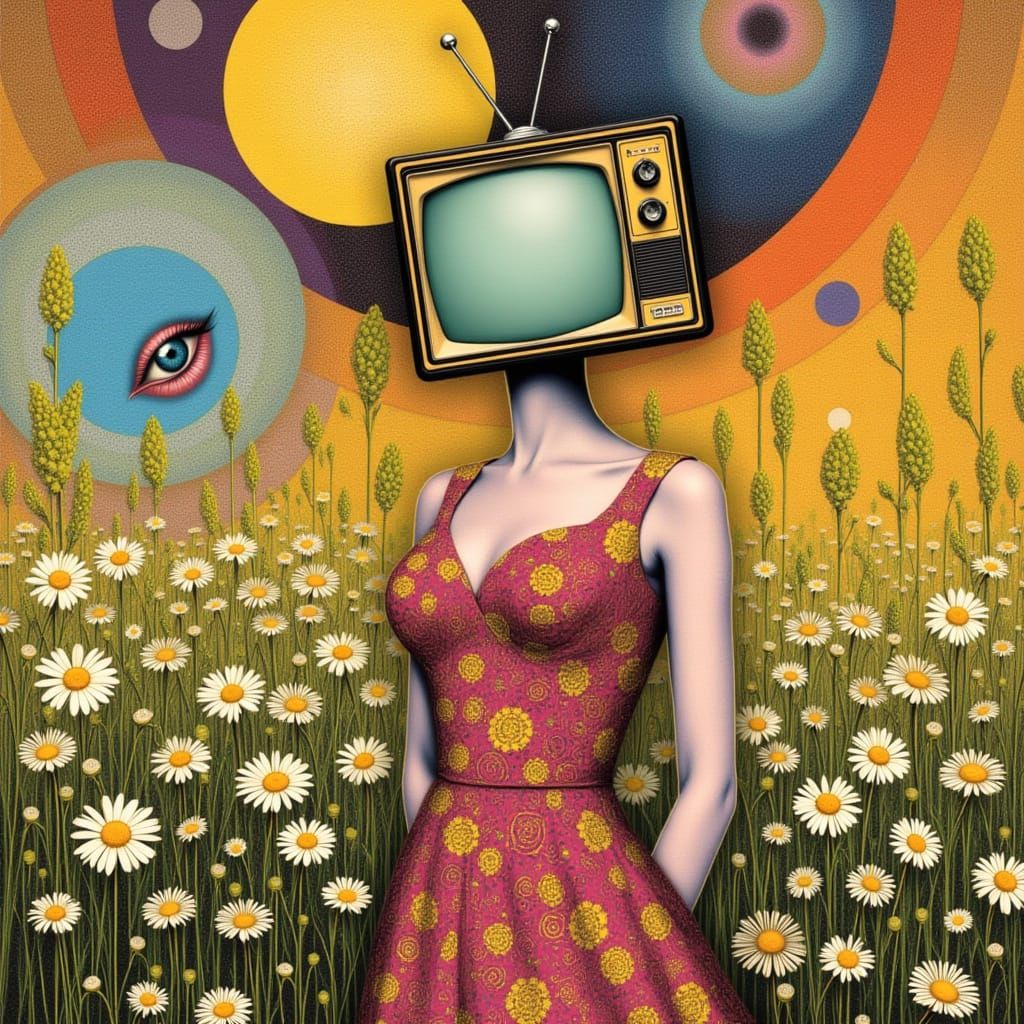Retro Pop Art Woman With TV Head in Daisy Field