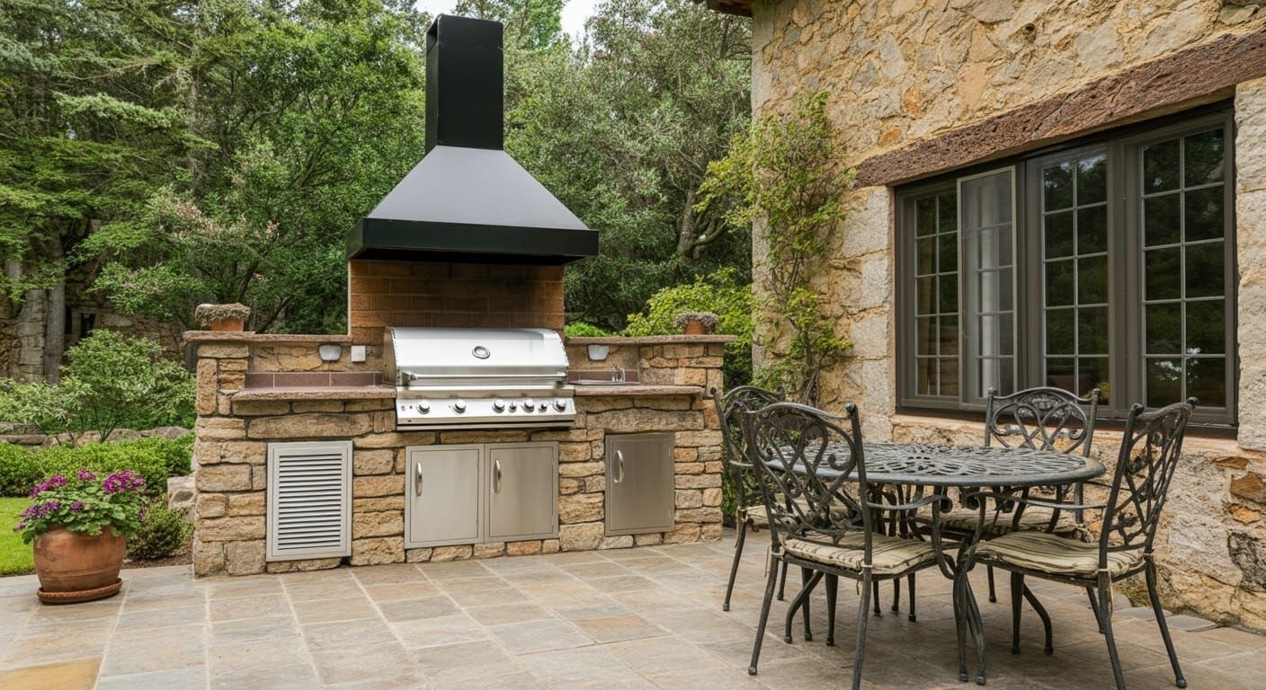 Serene Outdoor Patio with Modern Grill and Garden