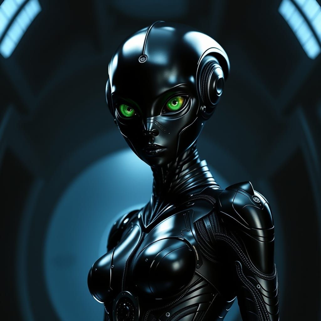 Futuristic Black Alien Woman in Metallic Armor