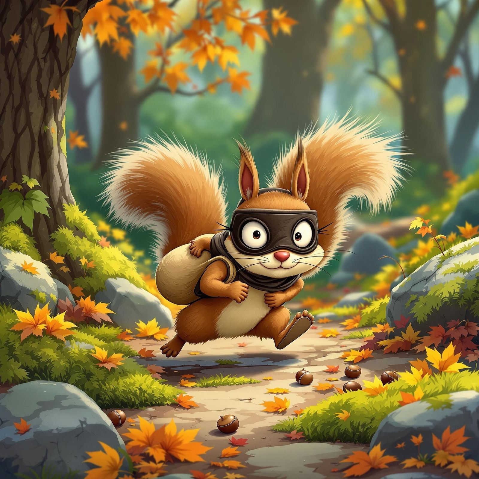 Cartoon Squirrel Burglar in Whimsical Forest