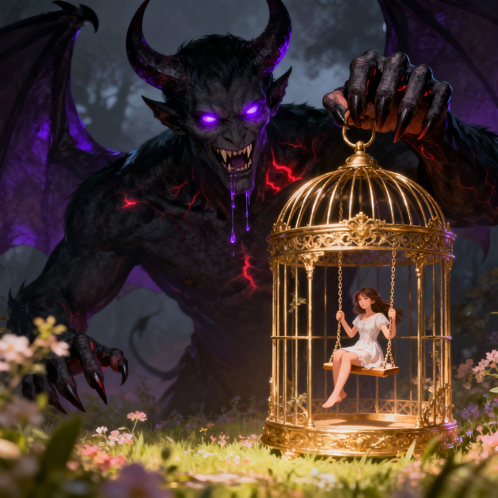 Maiden in Gilded Cage Held by Devil, Fantasy Style