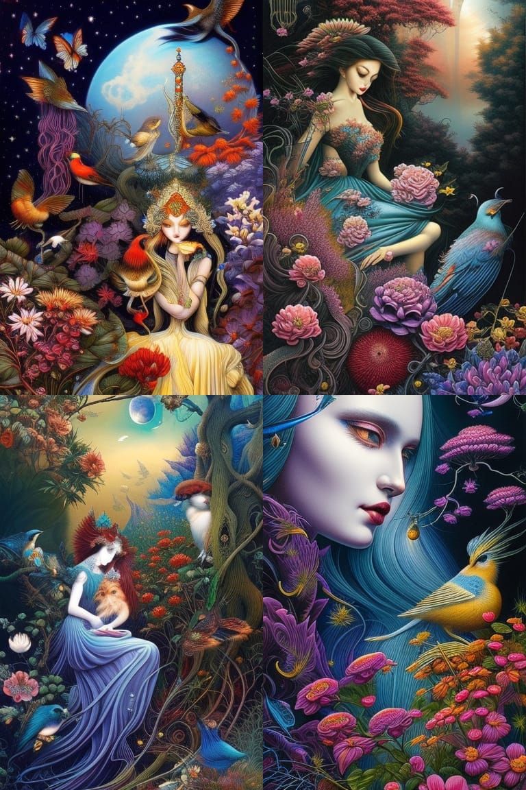 Girl, Dogs, Stars: Vivid Fairytale Vector Art