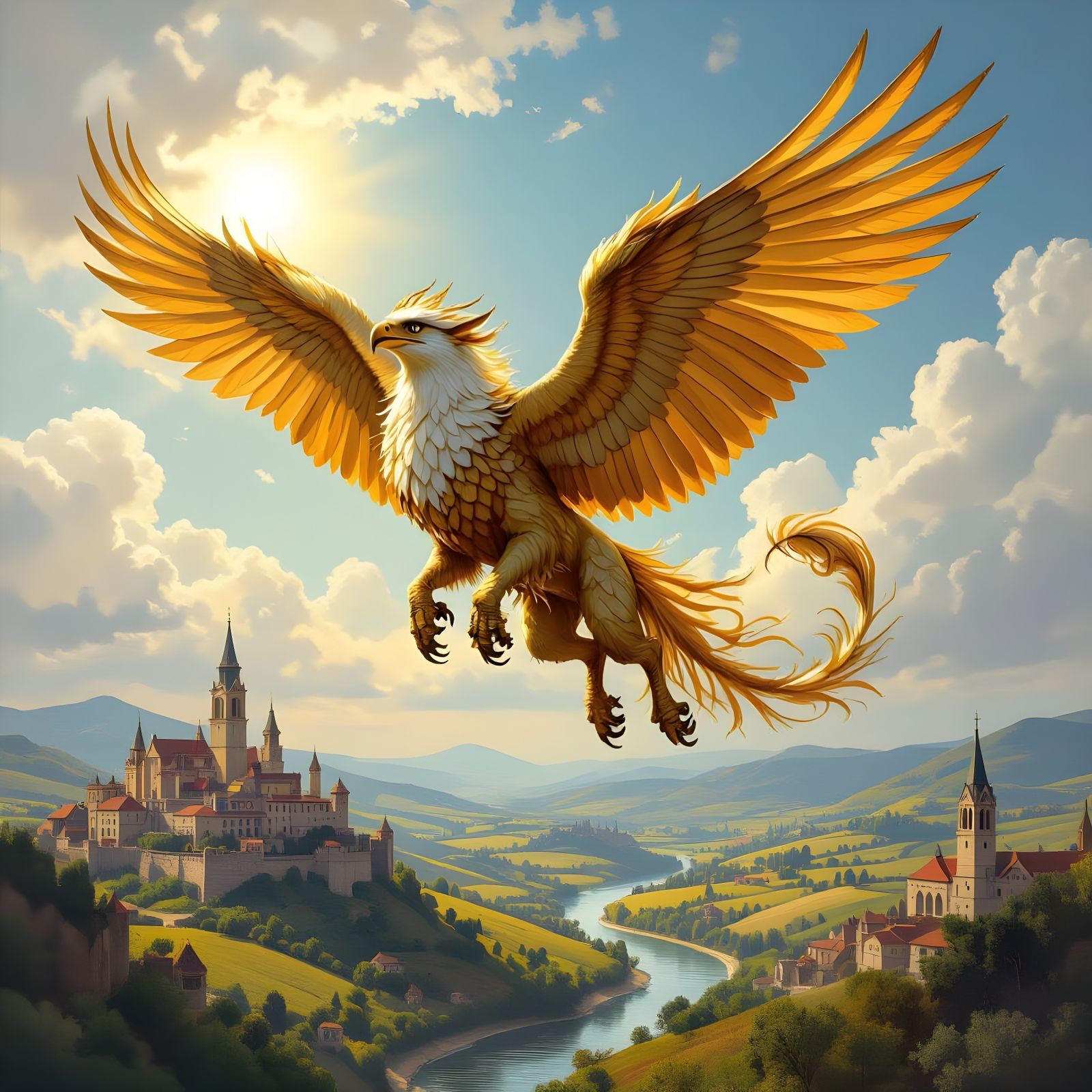 Gryphon Soaring Above Kingdom as Oil Painting