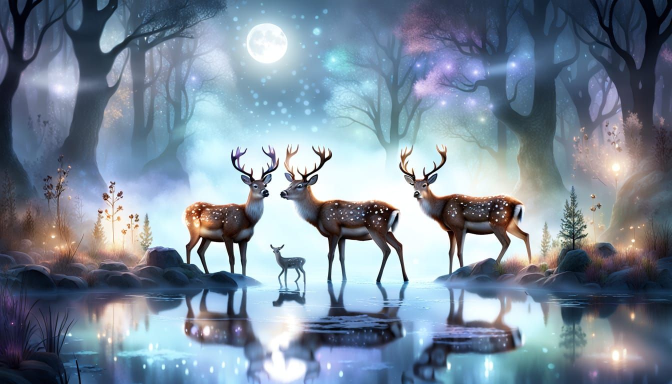 Deer at Moonlit Pond: Fantasy Concept Art