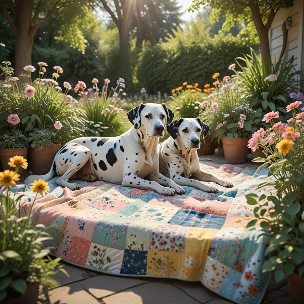 Whimsical Watercolor Dalmatian Dogs Snuggle in Patchwork Qui...