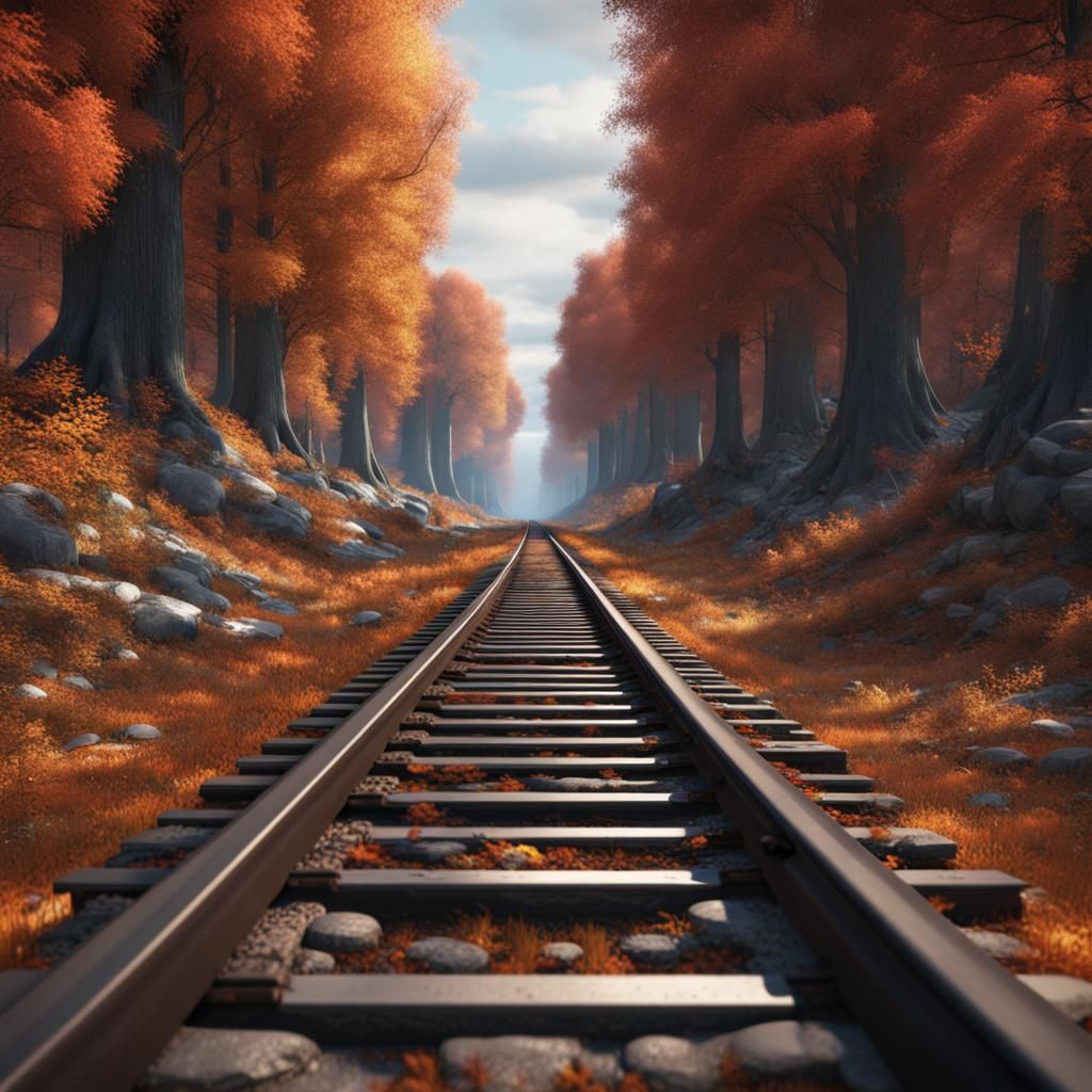 Autumn Forest Railroad Tracks: Detailed Matte Painting