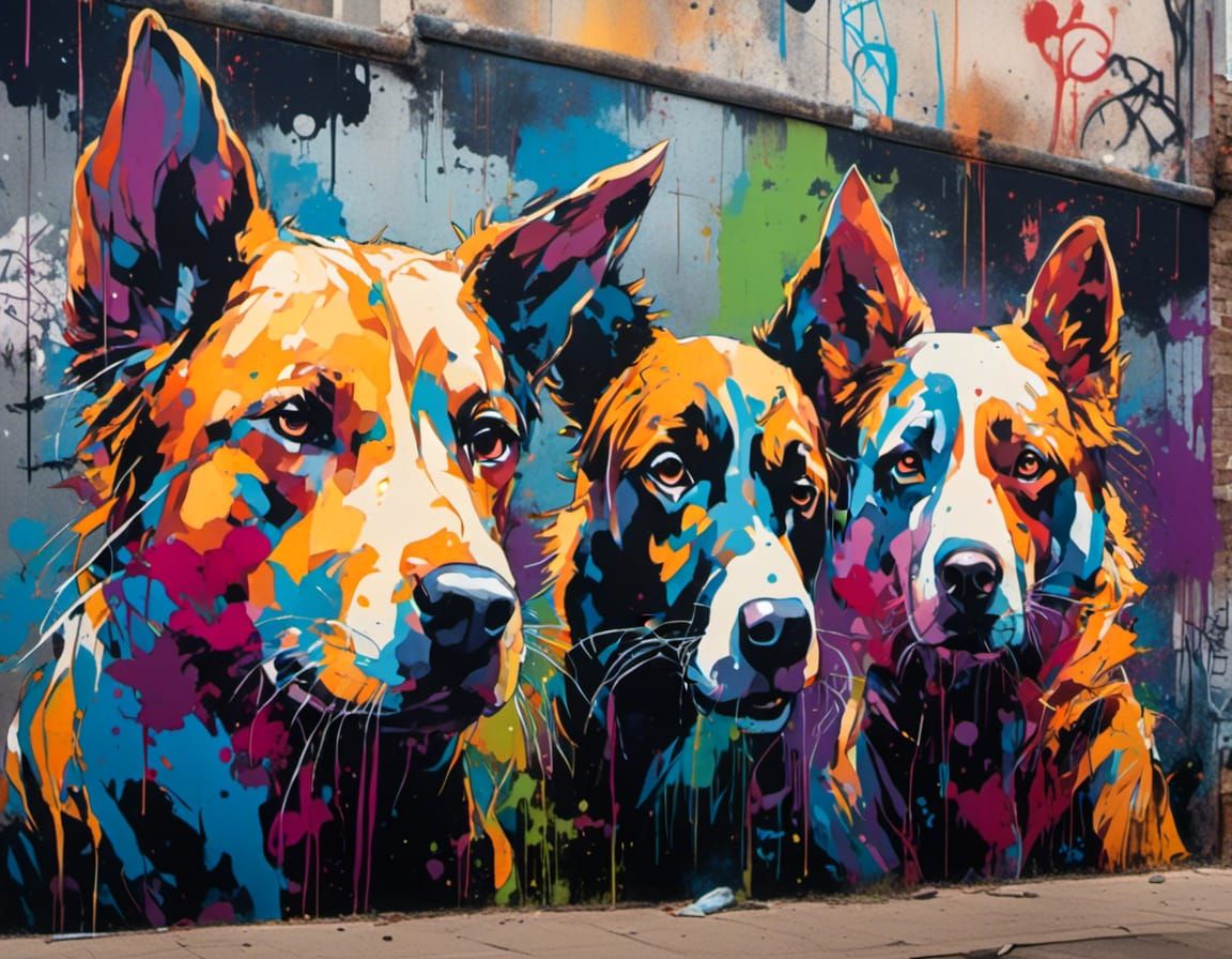 Stray Dogs Gaze at Vivid Graffiti Masterpiece