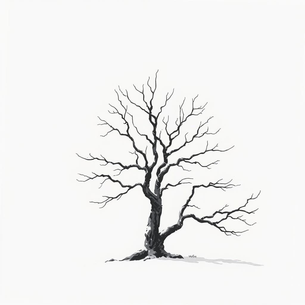 Zen Winter Tree: Minimalist Ink and Watercolor