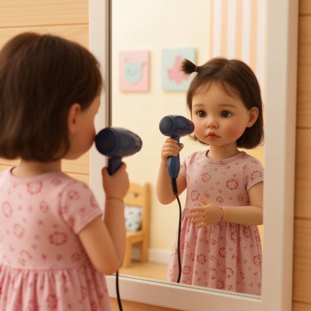 Realistic Doll-Like Girl with Hairdryer in Mirror