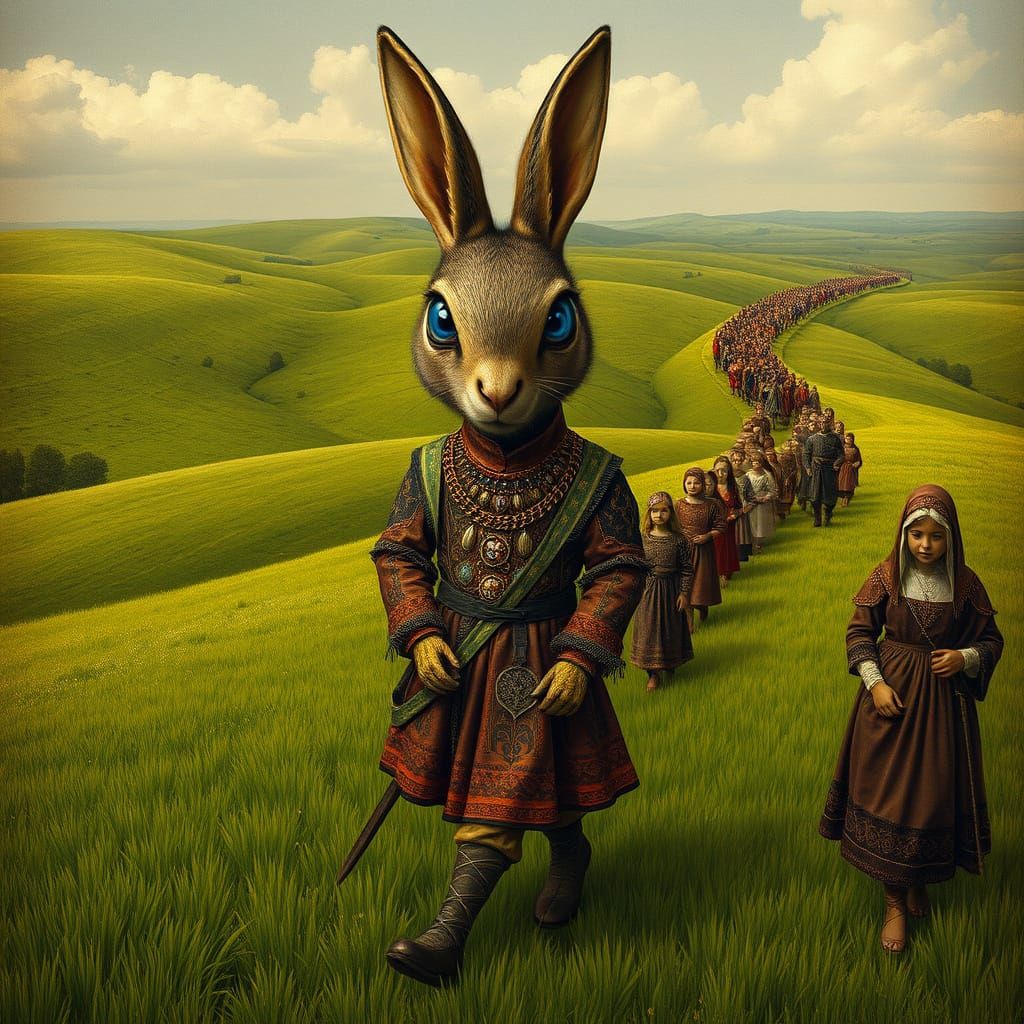 Surreal Harlequin Leads Procession in Dream Landscape