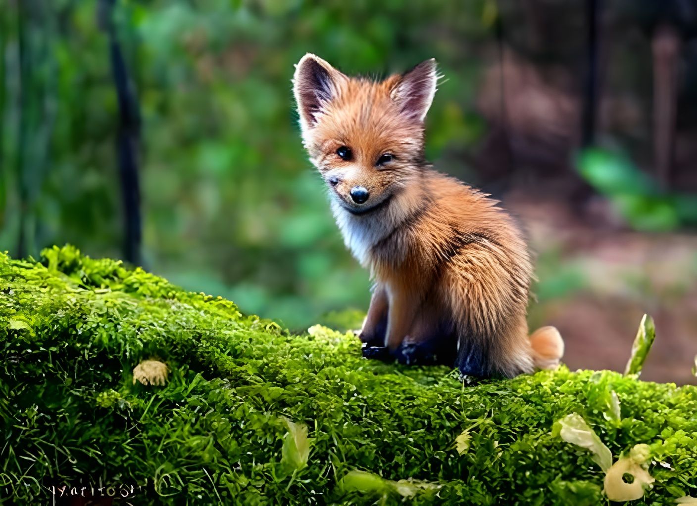 Adorable Baby Fox on Mossy Log in Forest