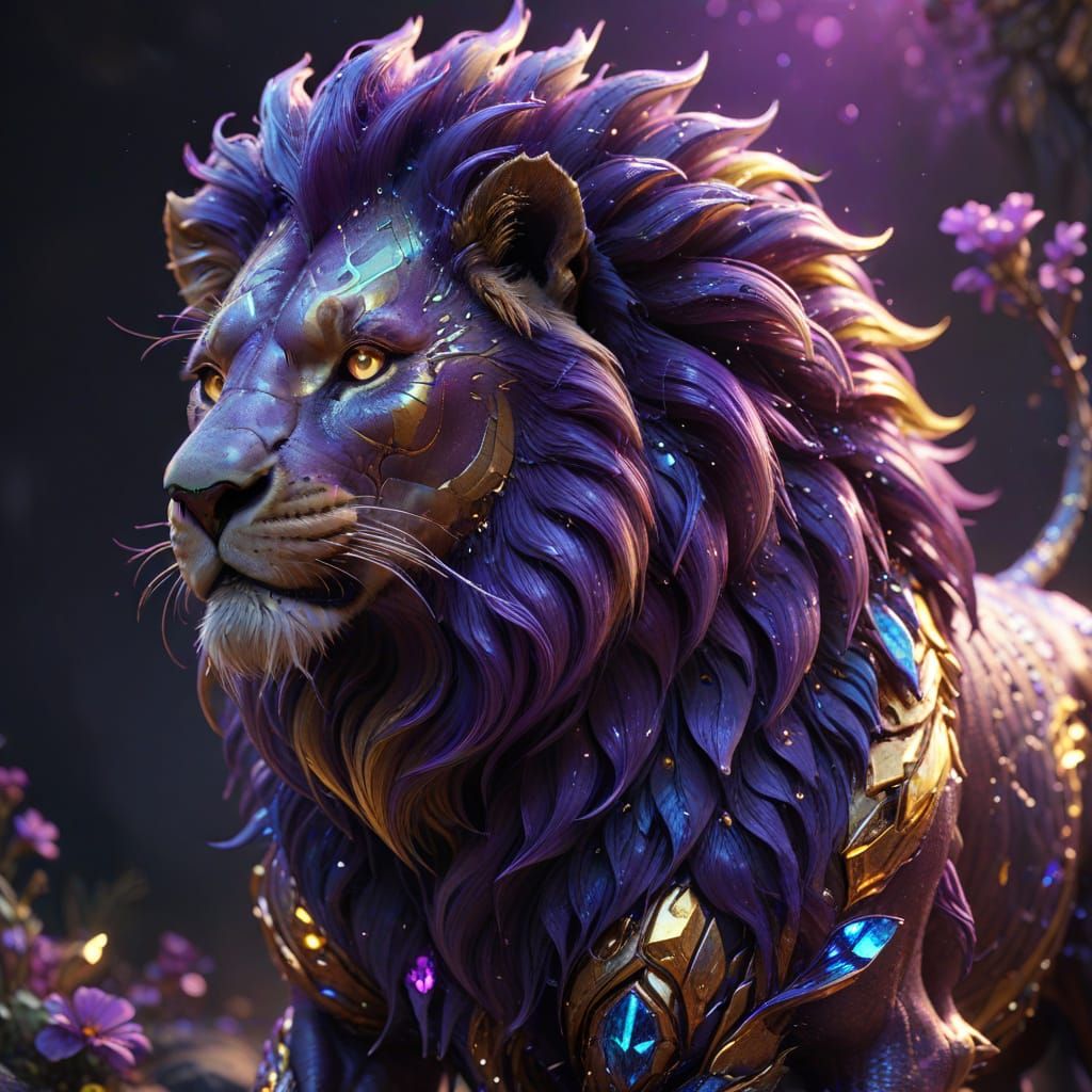 Regal Dark Fantasy Lion with Iridescent Mane
