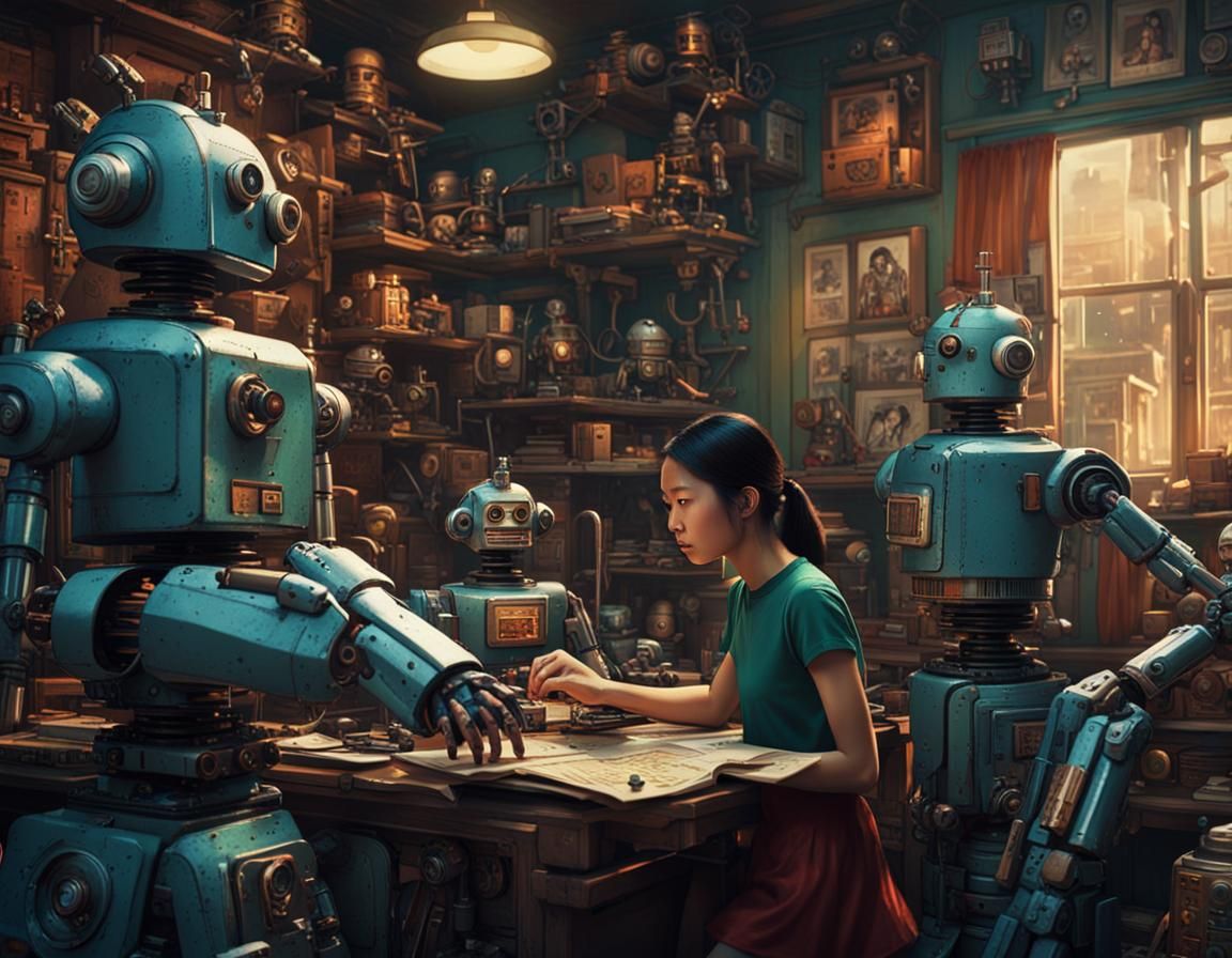 Girl Building Robot: Cinematic Graphic Novel Style